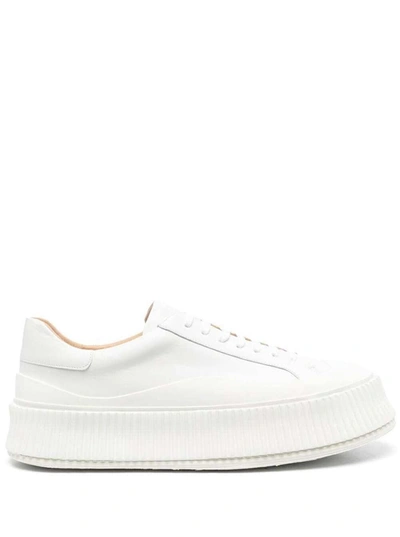 Shop Jil Sander White Low-top Sneakers With Platform And Tonal Heel Tab In Leather Man