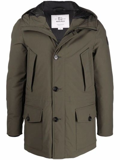 Woolrich Feather Down Padded Parka With Concealed Hood In Green
