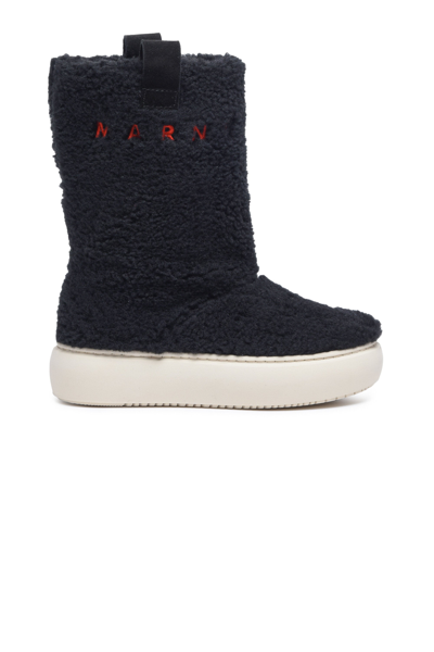 Shop Marni Shearling Effect High Boots With Logo In Black