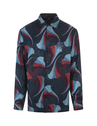 Shop Etro Navy Silk Bowling Shirt With Floral Print In Blue