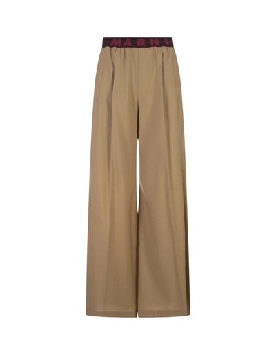 Shop Marni Beige Wool Flared Trousers With Logo Waistband In Brown