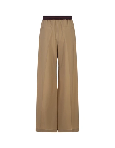 Shop Marni Beige Wool Flared Trousers With Logo Waistband In Brown