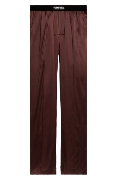 Tom Ford Logo-waistband Satin-finish Trousers In Mahagany