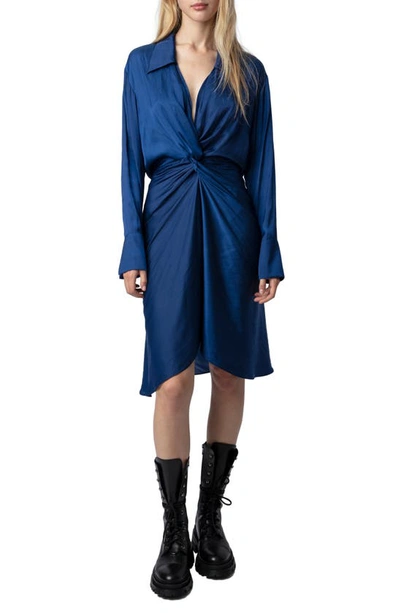 Shop Zadig & Voltaire Rozo Gathered Long Sleeve Satin Dress In Bleu Roi