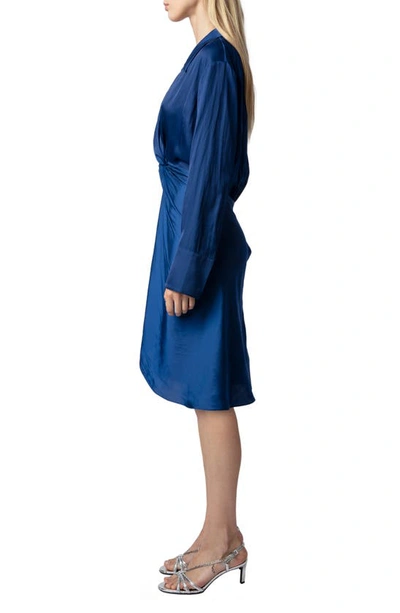 Shop Zadig & Voltaire Rozo Gathered Long Sleeve Satin Dress In Bleu Roi
