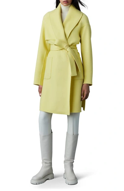 Shop Mackage Thalia Double Face Tie Waist Wool Coat In Pale Lime