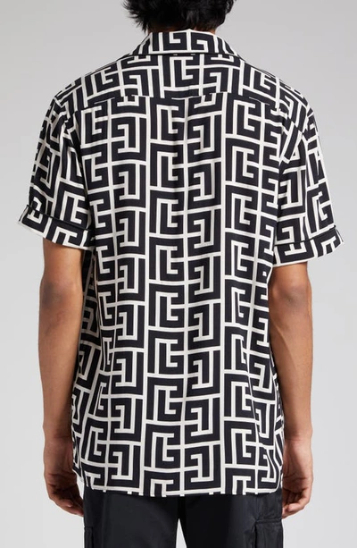 Shop Balmain Macro Monogram Short Sleeve Pajama Shirt In Ivory/ Black