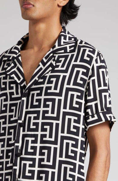 Shop Balmain Macro Monogram Short Sleeve Pajama Shirt In Ivory/ Black