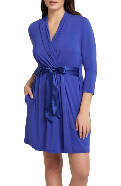Shop Fleur't Iconic Short Knit Robe With Satin Tie In Sapphire