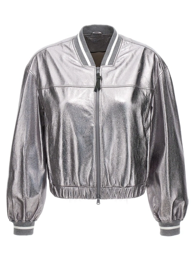 Shop Brunello Cucinelli Laminated Leather Bomber Jacket Casual Jackets, Parka Silver