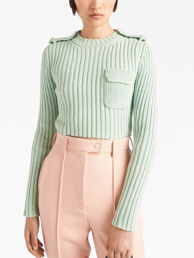 Shop Prada Ribbed-knit Cropped Jumper In Green