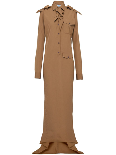 Shop Prada Bow-embellished Cotton Dress In Brown