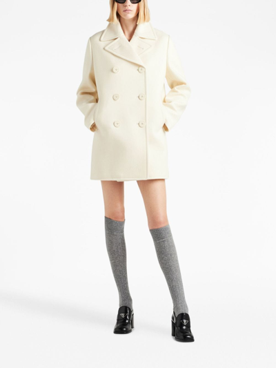 Shop Prada Double-breasted Wool Peacoat In Neutrals