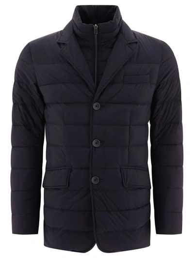 Herno Tailored Black Puffer Jacket With Notched Collar In Blue