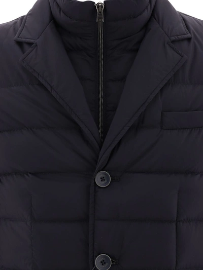 Herno Tailored Black Puffer Jacket With Notched Collar In Blue
