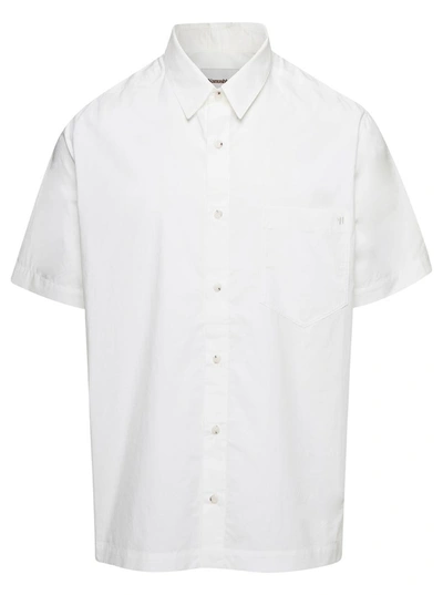 Shop Nanushka 'adam' White Short Sleeve Shirt With Tonal Letter Embroidery In Cotton Man
