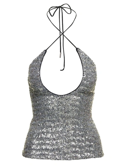Shop Attico 'alyx' Silver-colored Top With Criss Cross Neckline And All-over Paillettes In Tech Fabric Woman In Metallic
