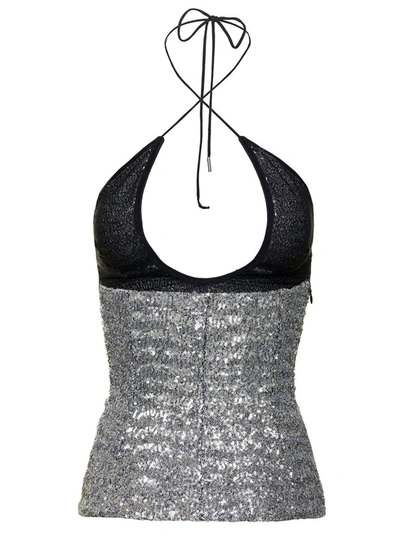 Shop Attico 'alyx' Silver-colored Top With Criss Cross Neckline And All-over Paillettes In Tech Fabric Woman In Metallic