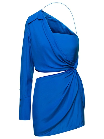 Shop Gauge81 'arica' Blue One-shoulder Draped Mini Dress With Cut-out Detail In Silk Woman