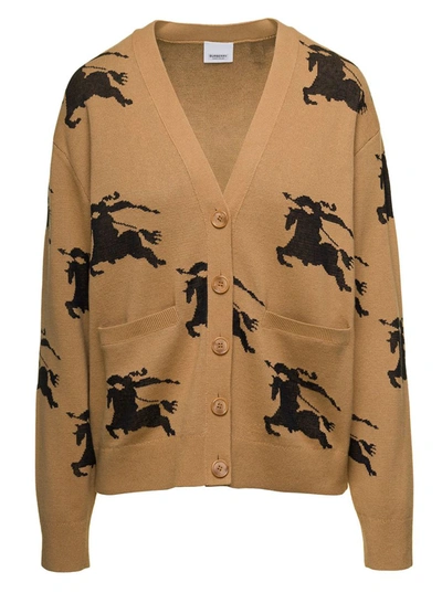 Shop Burberry 'brittany' Beige Oversize Cardigan With Intarsia Equestrian Knight In Cotton Blend Woman