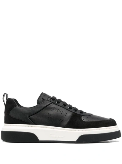 Shop Ferragamo 'cassina' Black Low Top Sneakers With Gancini And Suede Details In Leather Man