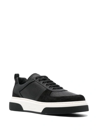 Shop Ferragamo 'cassina' Black Low Top Sneakers With Gancini And Suede Details In Leather Man