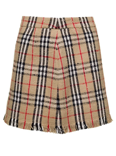 Shop Burberry 'catia' Beige Mini Skirt With Fringed Hem And All-over Vintage Check Motif In Cotton Blend Woman