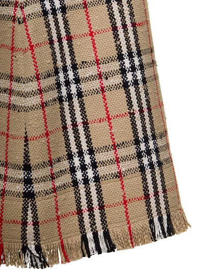 Shop Burberry 'catia' Beige Mini Skirt With Fringed Hem And All-over Vintage Check Motif In Cotton Blend Woman
