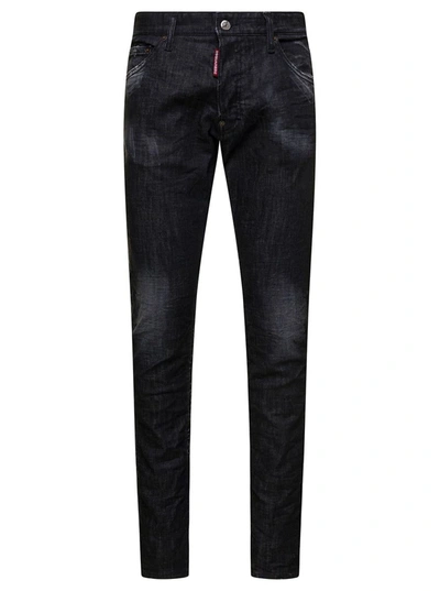 Shop Dsquared2 'cool Guy' Black Five Pockets Jeans With Used Wash In Stretch Cotton Denim Man