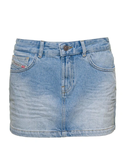 Shop Diesel 'de-ron-s1' Light Blue Mini Skirt With Maxi Oval D Logo Patch In Ultra Stonewashed Cotton Denim Woma