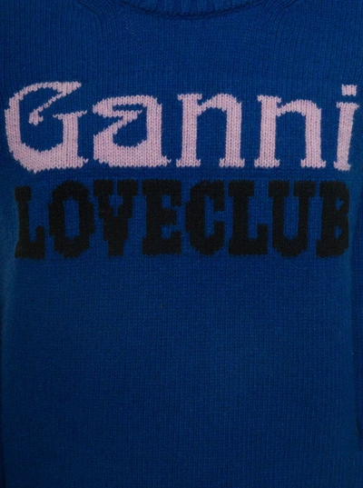 Shop Ganni ' Love Club' Blue Sweater With Intarsia Knit Logo In Wool Blend Woman
