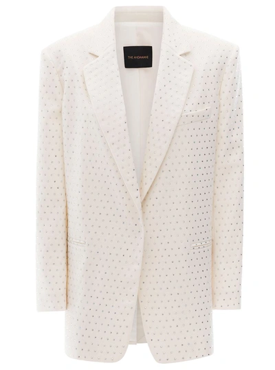 Shop The Andamane 'guia Crystal' White Oversized Single-breasted Jacket With All-over Rhinestone Embellishment In Poly