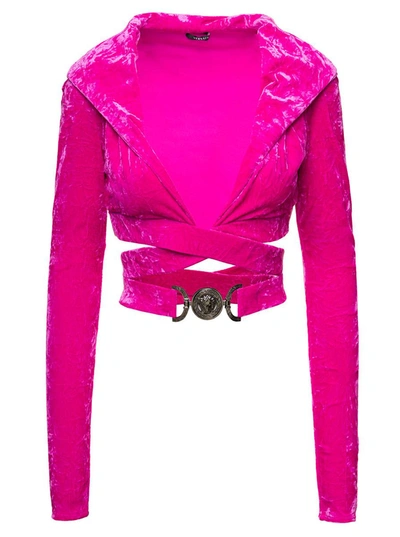Shop Versace 'medusa Biggie' Fuchsia Crop Hoodie Top With Criss-cross Belt In Crushed Velvet Woman In Pink