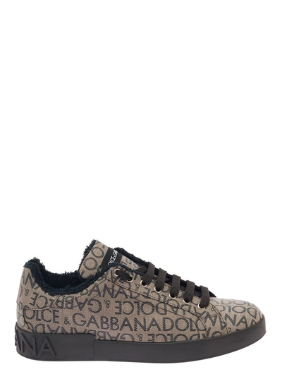 Shop Dolce & Gabbana 'portofino' Beige Low Top Sneakers With All-over Logo Print In Cotton Blend Woman