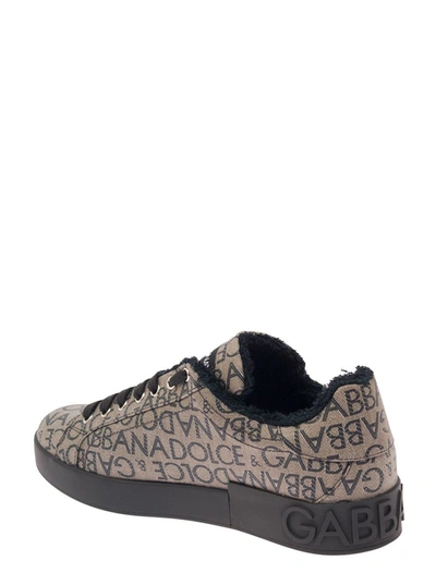 Shop Dolce & Gabbana 'portofino' Beige Low Top Sneakers With All-over Logo Print In Cotton Blend Woman