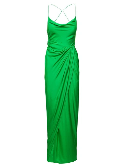 Shop Gauge81 'shiroi' Long Green Dress With Draped Neckline And Split In Silk Woman