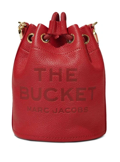 Shop Marc Jacobs 'the Leather Bucket' Mini Red Handbag With Drawstring And Front Logo In Hammered Leather Woman