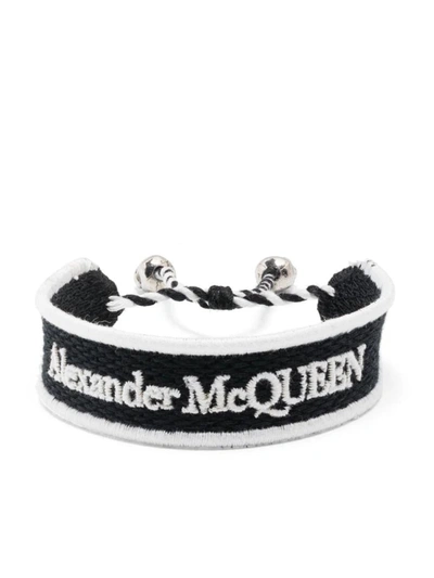 Shop Alexander Mcqueen And White Fabric Bracelet With Logo In Black