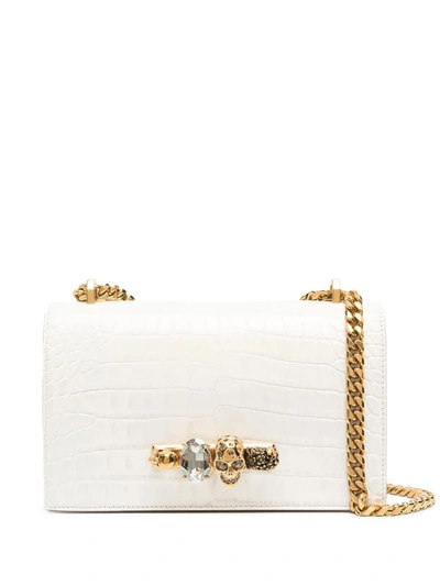Shop Alexander Mcqueen Ivory And Golden Jewelled Satchel Bag In Crocodile-effect Leather In White