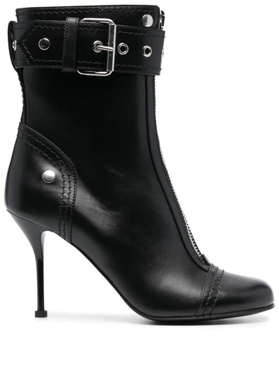 Shop Alexander Mcqueen Leather Ankle Boot With Zip And Buckle In Black
