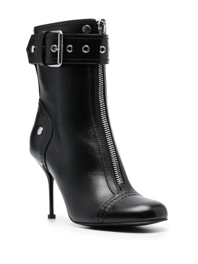 Shop Alexander Mcqueen Leather Ankle Boot With Zip And Buckle In Black