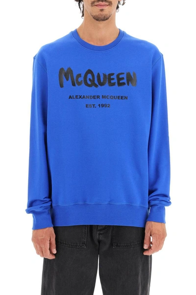 Shop Alexander Mcqueen Mcqueen Graffiti Sweatshirt In Blue
