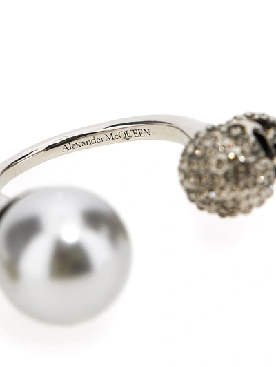 Shop Alexander Mcqueen Pearl Skull Double Ring In Silver
