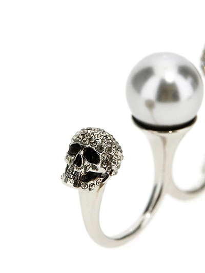 Shop Alexander Mcqueen Pearl Skull Double Ring In Silver