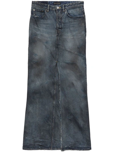 Shop Balenciaga Denim Long Skirt In Blue