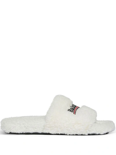 Shop Balenciaga Furry Slides In White