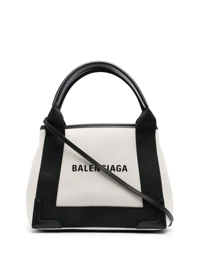 Shop Balenciaga Navy Cabas Xs Organic Cotton Tote Bag In White