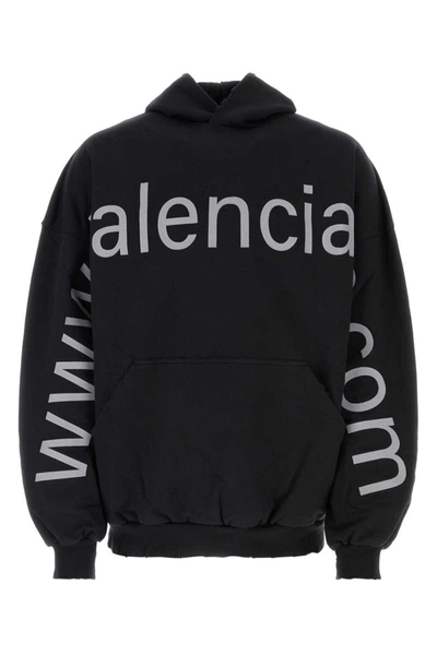 Balenciaga Logo Cotton Hoodie In Washed Black,grey