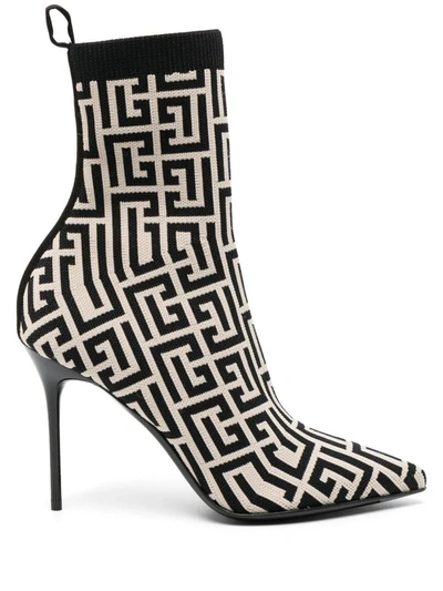Shop Balmain And Ivory Knitted Monogram Ankle Boots In Black