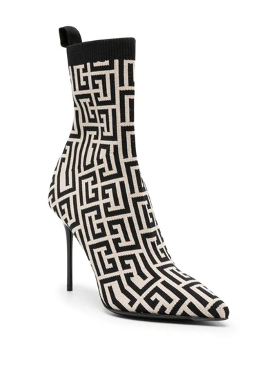 Shop Balmain And Ivory Knitted Monogram Ankle Boots In Black